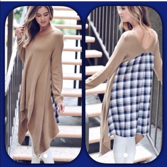 SALE!! 1 Left!!! Taupe Asymmetrical Top w/Plaid - Picture 2 of 3